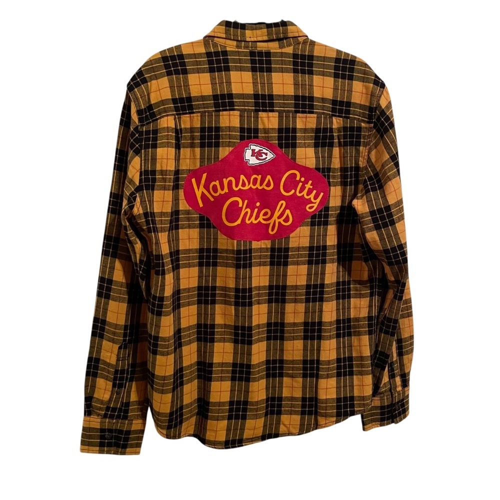 Unique Yellow Gold and Black Plaid Kansas City Chiefs Custom Upcycled Flannel L